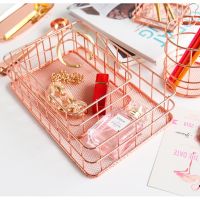 Rose gold storage basket desktop cosmetic finishing hollow metal storage basket