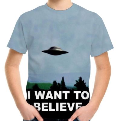 Summer Boy Girl Casual Tshirt UFO Alien I Want To Beleive Letter Funny Print T Shirts 4-20Y Children 3D T-Shirt Kid Cool Clothes