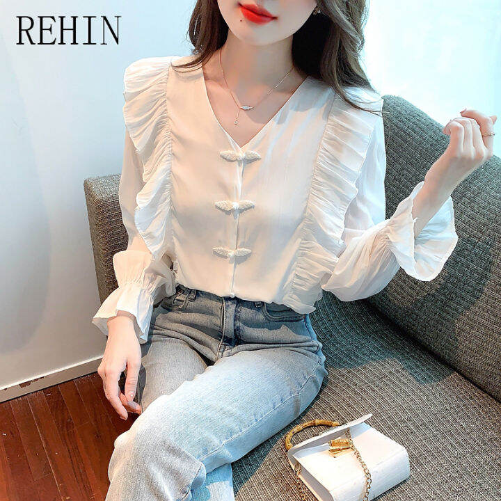 rehin-เสื้อแขนยาวผ้าชีฟองสีขาวสำหรับผู้หญิง-เสื้อผู้หญิงมาใหม่ล่าสุดฤดูใบไม้ร่วงการออกแบบที่ไม่เหมือนใครฝรั่งเศสเสื้อนางฟ้าหวานชิค