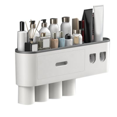 Magnetic Adsorption Inverted Toothbrush Holder Double Automatic Toothpaste Squeezer Dispenser Storage Rack