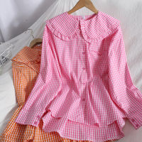 ITOOLIN Autumn Loose Tops Plaid Button Up Shirt Women Ruffle Cute Long Sleeve Blouse Female Jacket Pocket Contrast Color Tops