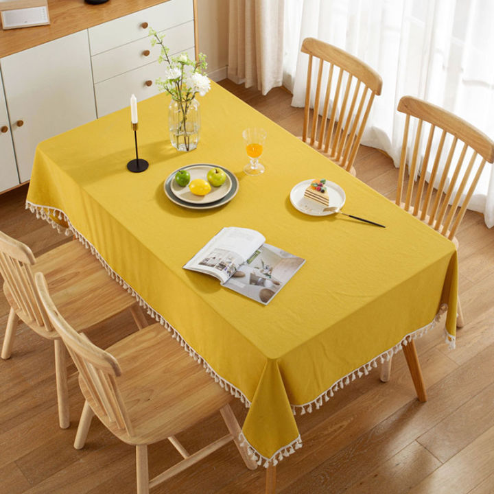 yurongfx-ผ้าฝ้ายฟอกสีทึบสีทึบแบบเรียบง่ายทันสมัยผ้าโต๊ะทานอาหารโต๊ะน้ำชามีพู่