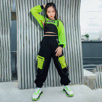 Hip Hop เสื้อผ้าสำหรับสาวแจ๊สชุด Green Crop Tops เสื้อกั๊กสีดำกางเกง Cargo Street Dance เครื่องแต่งกายเด็ก Performance Rave Clothes