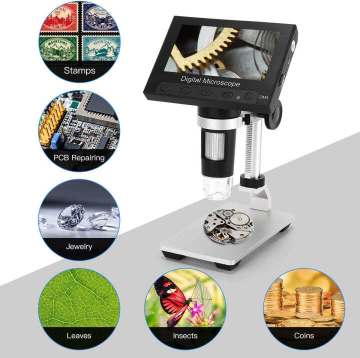 tomlov-dm4-coin-microscope-1000x-4-3-inch-lcd-digital-microscope-with-metal-stand-8-leds-photo-video-capture-for-adult-kids-observing-coin-plant-rocks-pcb-windows-compatible-sd-card-included