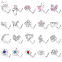 ZS 1 Piece Shiny CZ Crystal Nose Stud 20G L Shaped Stainless Steel Nose Piercings Flower Butterfly Heart Shape Nostril Piercing Body jewellery