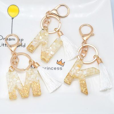 White Tassel Gold Color Foil Letter Keychain English Words Keyring Glitter Gradient Resin Crafts Gold Leaf Car Handbag Pendant Key Chains