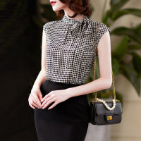 ฤดูร้อนแขนกุดของผู้หญิงด้านบนสไตล์เกาหลีที่เรียบง่ายลำแสง Houndstooth อารมณ์แขนสั้นด้านบนโบว์ออกแบบความรู้สึกผูกเสื้อ