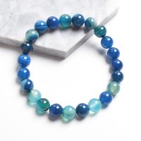 Natural Blue Striped Agates Stone Beads Bracelet Smooth Veins Agates Bangles Round Gem Stone Elastic Rope Handmade Jewelry