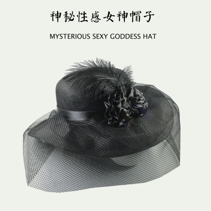 zsheng-หมวกตาข่ายคาดศีรษะหมวกทรงสูงลายจุดสีดำเพื่อนเจ้าสาว-หมวกสำหรับถ่ายภาพงานแต่งงาน-tiara-ผู้หญิงหมวกขนนก