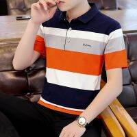 ЮPolo shirt เสื้อโปโลแขนสั้นผู้ชายฤดูร้อนแขนสั้นผ้าฝ้ายบางลายทางธุรกิจเสื้อโปโลปก