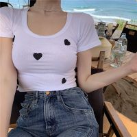 Limited Time Discounts Knitted Tread Heart Embroidery Short-Sleeved T-Shirt Skinny Lady Short Tees Summer Bottom Shirts Cropped Top Korea Street Wear