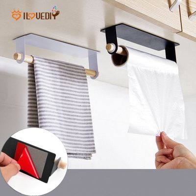 Bathroom Multifunction Wood Self-adhesive Towel Racks / Toilet Roll Paper Hanger / Kitchen Cling Film Hanging Holder