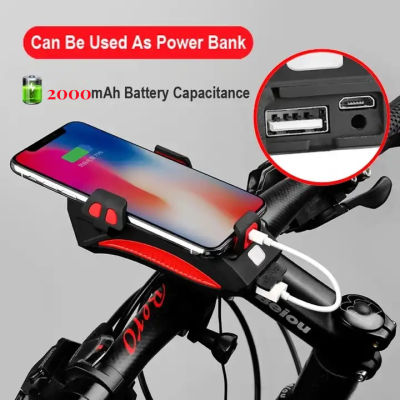 Single blasting-LED ไฟจักรยาน ไฟหน้าจักรยาน 4 in 1 ไฟหน้า + ฮอร์น + ที่วางโทรศัพท์ + พาวเวอร์แบงค์ 2000 mAh ชาร์จ USB ไฟติดรถจักรยาน 130dB แตรไฟฟ้า Cycling Rechargeable headlight  Cycling headlight +Horn+ Phone Holder+ Power Bank 2000 mAh