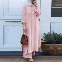 Women Fashion Muslim Sets Solid Color Loose Muslim Tops Pants 2ps Set Summer Oversized Musulman Sets Female Costume Musulmane