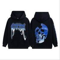 2023ใหม่ High Street Revenge ใหม่แฟชั่น Blue Flame Skull โลหะหนักพิมพ์หลวมสบายๆแขนยาว Hooded เสื้อกันหนาว