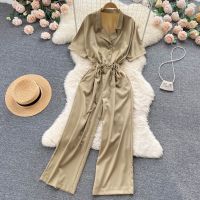 Temperament V Neck Waist Bandage Slimming Jumpsuit Summer Korean Version Simple Wide Leg Pants