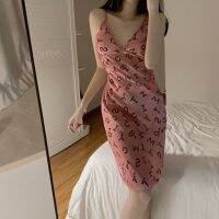 --SY23726❁☂◆ -contaed d V-neck sexy spenders ghtdress ice silk summer rls jamas flower dress seless home service