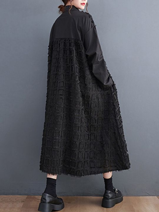 xitao-dress-black-long-sleeve-asymmetrical-short-tassel-shirt-dress