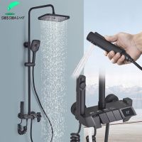 Black Piano Digital Shower Set Intelligent Brass Bathroom Faucets Hot Cold Waterfall Tap Rainfall Gray Shower System chuveiro Showerheads