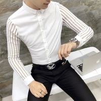 ■ Men Dress Shirts Long Sleeve 2022 Hollow Lace Patchwork Sleeve Shirt Men Casual Slim Fit Night Club Tuxedo