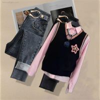 Plus size womens autumn suit 2023 new model covering the flesh and slimming shirt knitted vest denim pencil pants three-piece set