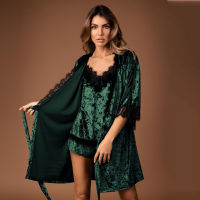 Hiloc Velvet Nightgown Knitting Robes Women Set Woman 3 Pieces Sleepwear Lace Patchwork Robe Home Pajama Sets Nightwear Bathrobe