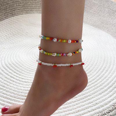 3Pcs Fashion Colorful Rice Beads Conch Pearl Anklet for Women Sweet Temperament Cute Anklet Female Summer Beach Jewelry Gift