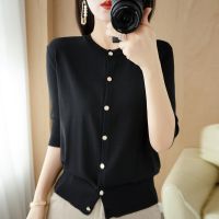 ☬ 2023Summer New Thin Silk Three-Quarter Sleeve Knitted Cardigan Womens Single-Breasted Round Neck Shirt Top Short Loose Coat