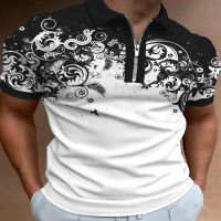 Mens zipper short sleeve shirt, Polo shirt with 3D printed and feather patterned top