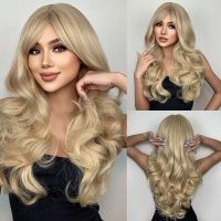 HENRY MARGU Synthetic Ombre Brown Blonde Wig Long Deep Wavy Hair Wig with Bangs for Women Cosplay Party Heat Resistant Fake Hair Wig  Hair Extensions
