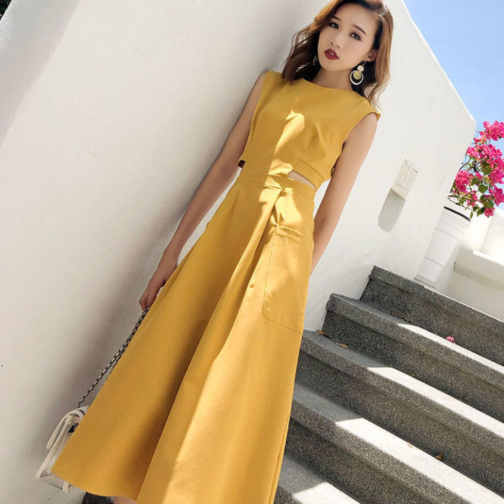 ภาษาฝรั่งเศสคำเอว-slim-สุภาพสตรีชุดกระโปรงยาวเกาหลีสไตล์ชุดความยาวกลางฤดูร้อนเสื้อผ้าผู้หญิงใหม่