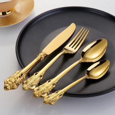 Vintage Western Gold Plated Cutlery Tableware Set 24Pcs Dining Knives Forks ช้อนชา Golden Luxury Dinnerware Sets Engraving
