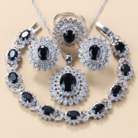 925 Silver Fashion Jewelry Sets Womens Sccessories Black Cubic Zirconia Sunflower Clip Earrings Necklace celet And Ring Sets