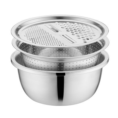 3PCS Set Stainless Steel Bowl with Lid Kitchen Cooking Salad Mixing Bowls Set Washing Drain Basket Soup Basin Strainer