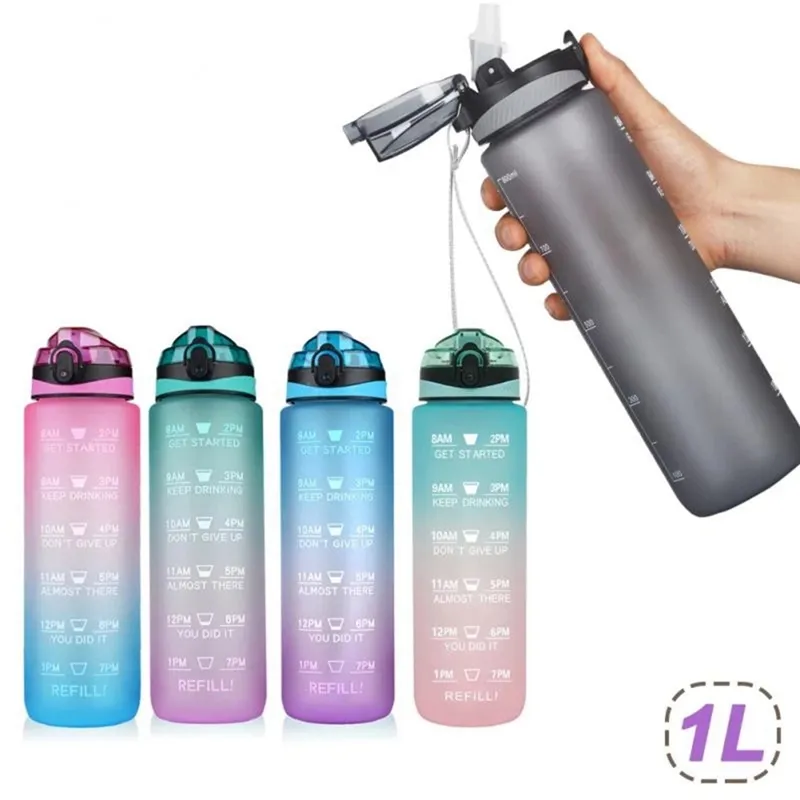 1L Tritan Material Water Bottle With Bounce Cover Time Scale Reminder  Frosted Leakproof Cup For Outdoor Sports Fitness(Purple -Orange Gradient) 