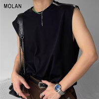 MOLAN เสื้อกั๊กมีซิปรูดอินเทรนด์เสื้อยืดแขนกุดรอบคอหลวมผู้ชายเสื้อกั๊กแขนกุด