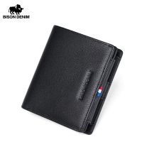 BISON DENIM Genuine Leather Wallet Men Trifold Short Wallet with Coin Pocket Card Holder RFID Blocking Male Purse W4533-2B Wallets