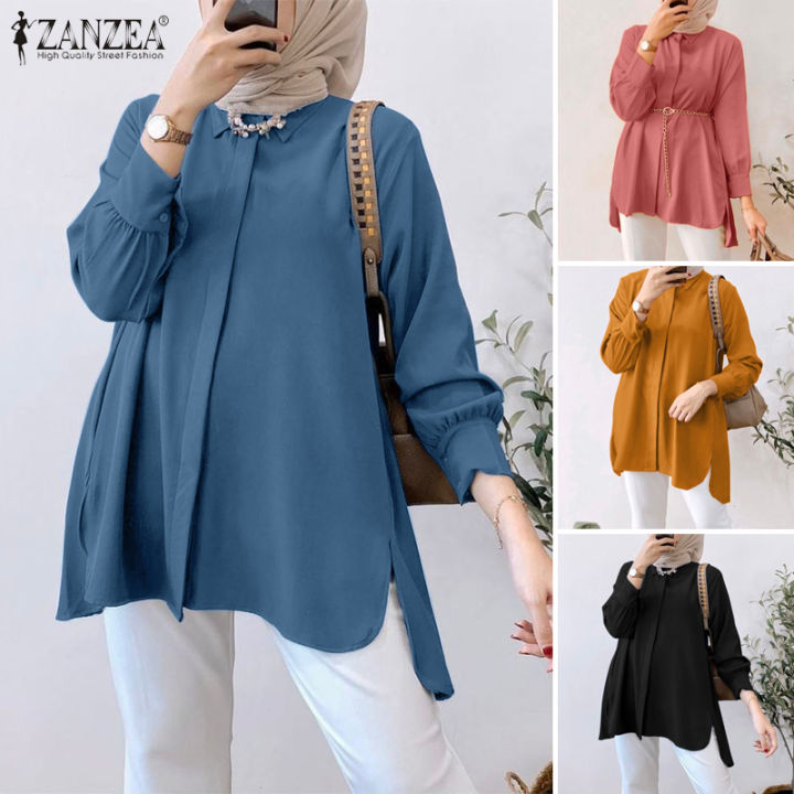 สินค้ามาใหม่-จัดส่งฟรี-fancystyle-zanzea-เสื้อผู้หญิงมุสลิมมีกระดุม-เสื้อเสื้อเชิ้ตมีปกข้างเสื้อหลังไขว้ทรงโคมไฟ