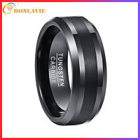 BONLAVIE 8mm Black Mens Wedding Engagement Band Brushed Center Authentic Tungsten Carbide Ring Beveled Edge Comfort Fit Size 7-12