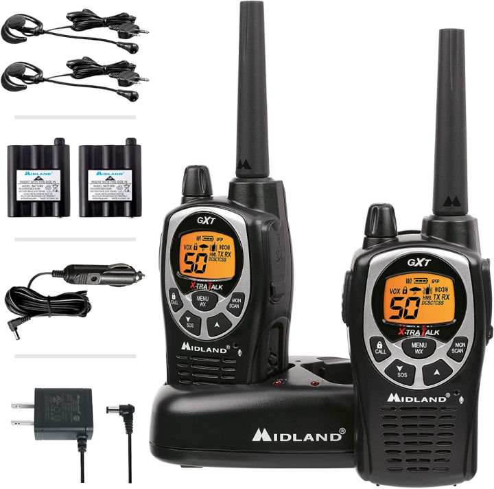 Midland 50 Channel Waterproof GMRS Two-Way Radio Long Range Two Way Radio  with 142 Privacy Codes, SOS Siren, and NOAA Weather Alerts and Weather Scan  (Black/Silver, Pair Pack) Pair Pack