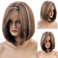 ✻☂ Full Wig Charming Daily Wigs Short Bob Straight Hair Fancy Dress Party Wig for Women Natural Brown Highlight Wig with Side Bangs