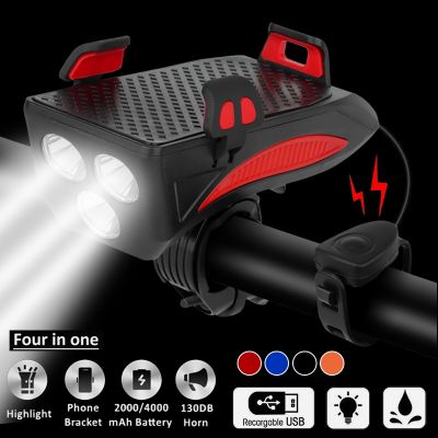 4 in1 Bicycle Light USB Charging Lighting Cycling Phone Holders LED Headlight Horn Bell MTB Power Bank for Bike Accessories
