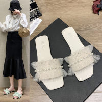 Korean Womens Block Heels Slippers Woven Tressees Backless Mules Talons Feminino Ladies Elegant Fringe Slides Shoes