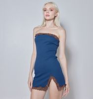 Pickypollys Posie Dress - Navy เดรสสั้นเกาะอกประดับลูกไม้ สีน้ำเงิน