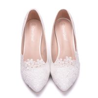 Elegant and simple lace flower wedding shoes white 5cm high-heeled bride shoes