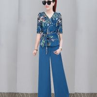 COD DSFGERRTYTRRE Women suit set Korean style Fashion casual suit V-neck T-shirt wide leg trouser two-piece suit