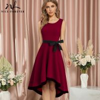 Nice-forever Summer Women Vintage Contrast Color Patchwork Dresses Cocktail Party Vintage Flare Patchwork Dress A277