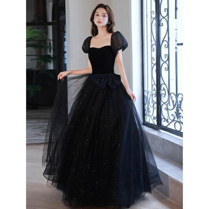 Đầm dạ hội dài xẻ tà màu đen cổ V tay lỡ sang trọng  Đầm dạ hội đẹp
