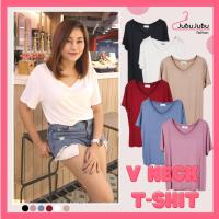 ?JuBuJuBu? V neck T-shirt เสื้อยืด เสื้อสาวอวบ เสื้อไซส์ใหญ่ Freesize Bigsize พร้อมส่ง เสื้อคอวีแขนสั้น#440