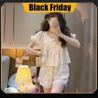 SKMS summer new ice silk printed household clothes womens lace lace short-sleeved shorts set summer cool online celebrity pajamas